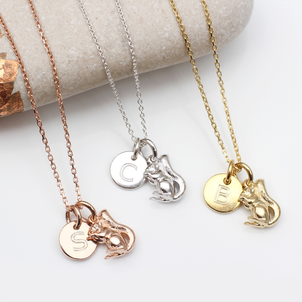 Silver or Gold Plated Personalised Initial Disc Tiny Squirrel Necklace – Hurley Burley