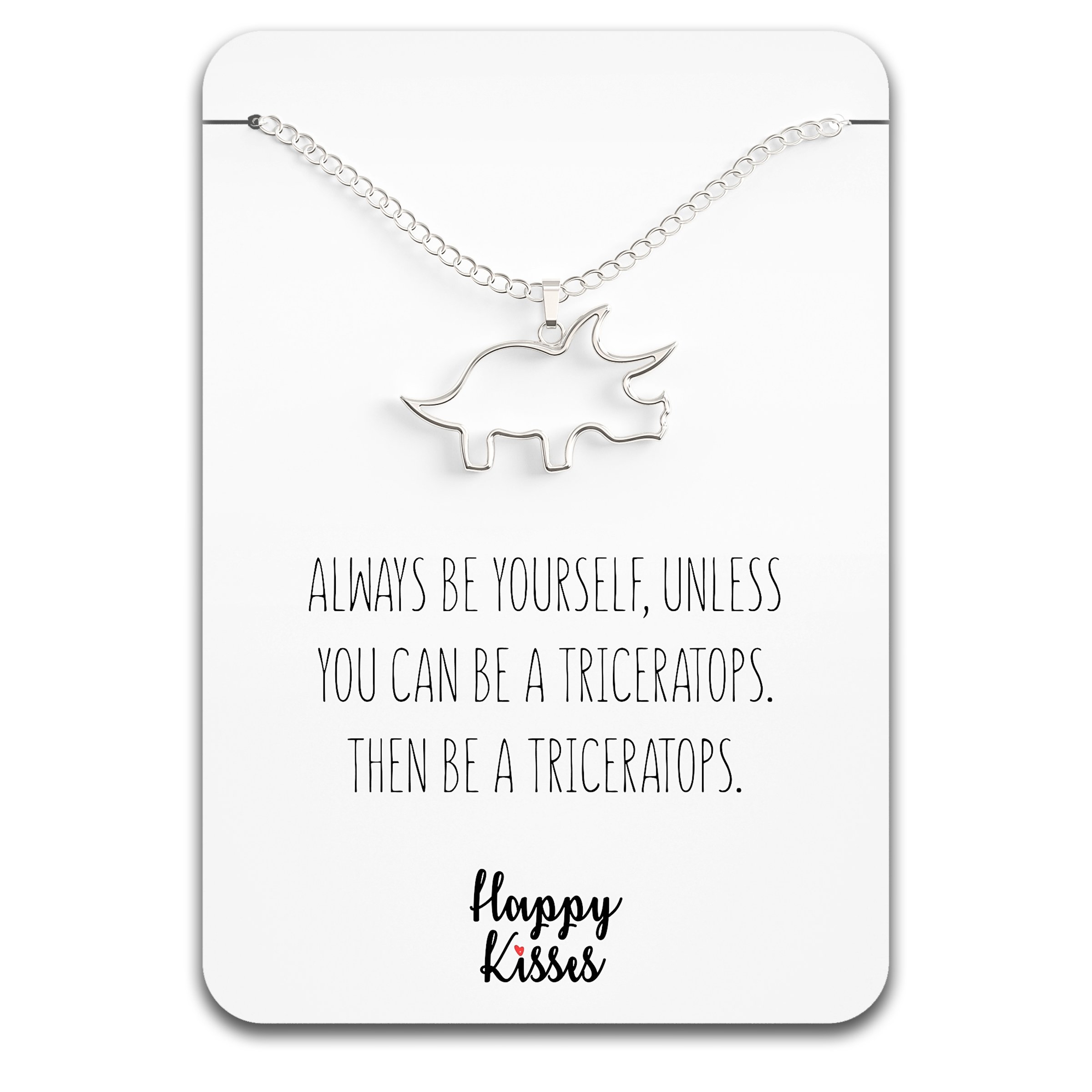 Dinosaur Triceratops Necklace – Cute Pendant With Sweet & Funny Message Card – SIlver, Rose Gold, & Gold Silver – Happy Kisses