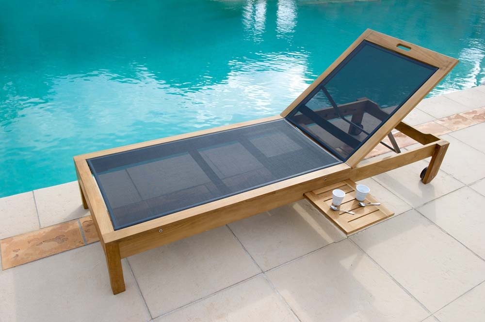 Les Jardins – Valteck Stackable Sun Lounger With Sliding Tray – Slate – Blue / Brown – Batyline Outdoor Fabric / Teak Wood  – 30cm x 200cm x 65cm