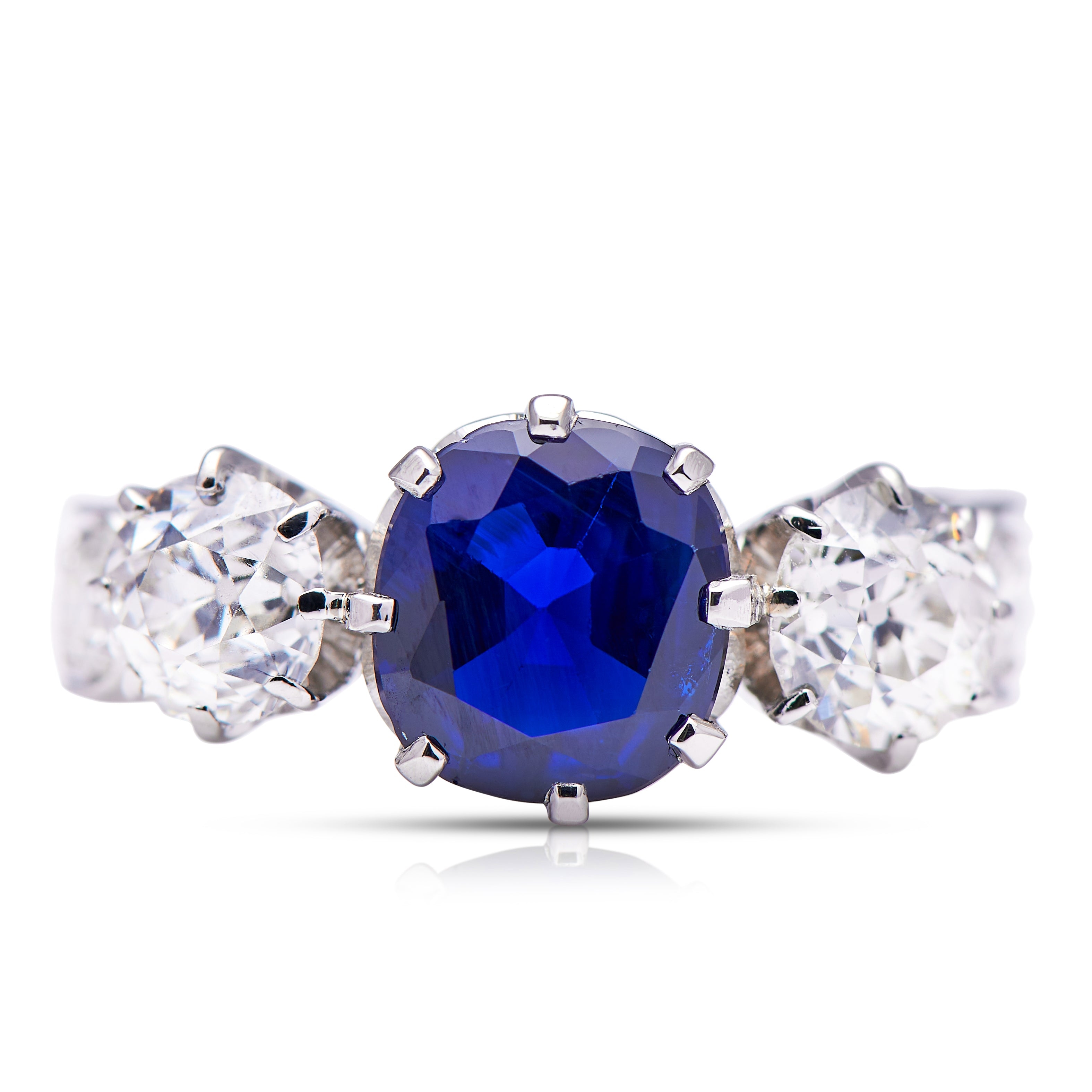 Engagement | Art Deco, French, Royal Blue Sapphire and Diamond Three Stone Ring – Vintage Ring – Antique Ring Boutique