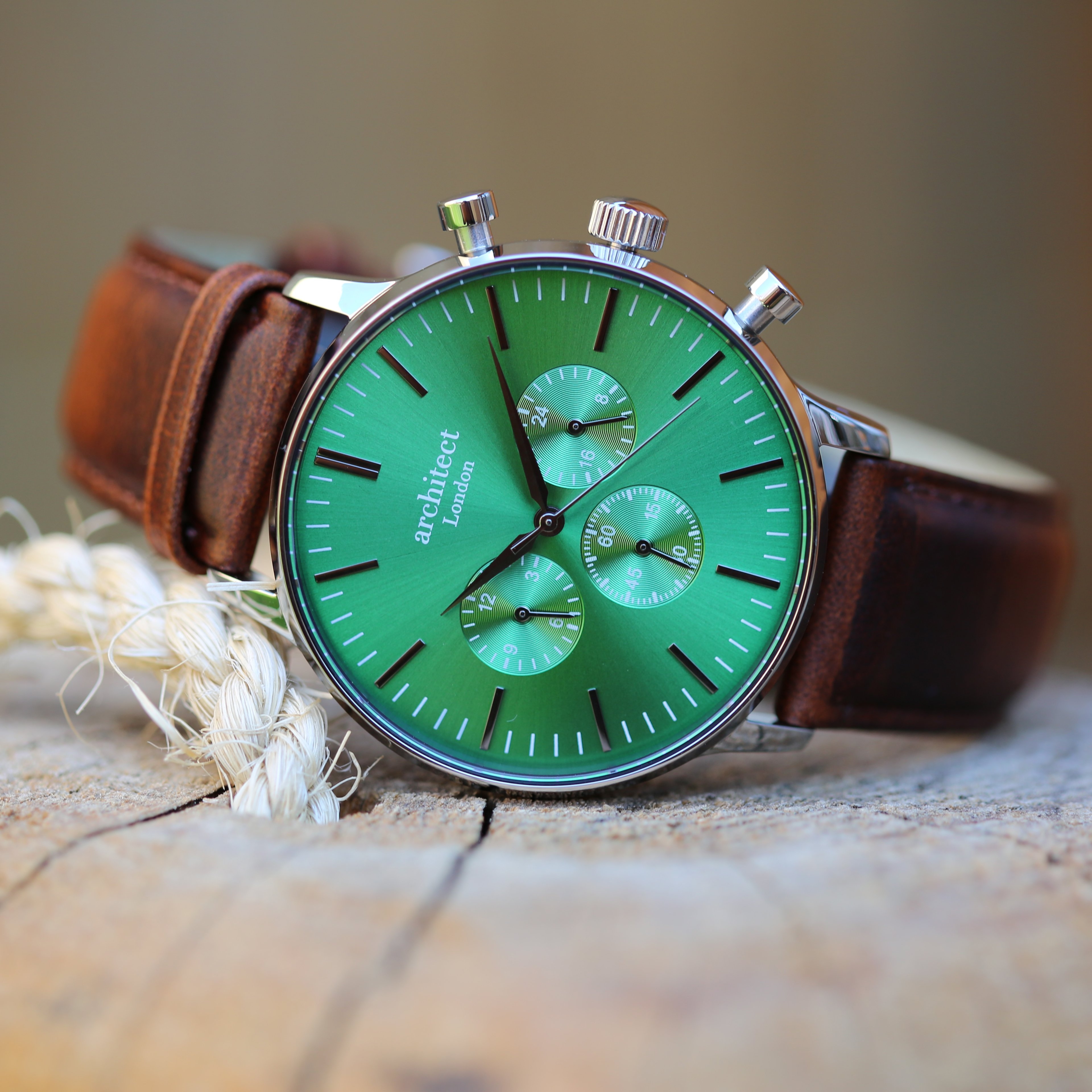 Men’s Architect Motivator In Envy Green With Walnut Strap – Modern Font Engraving – Genuine Leather – Architect Watches