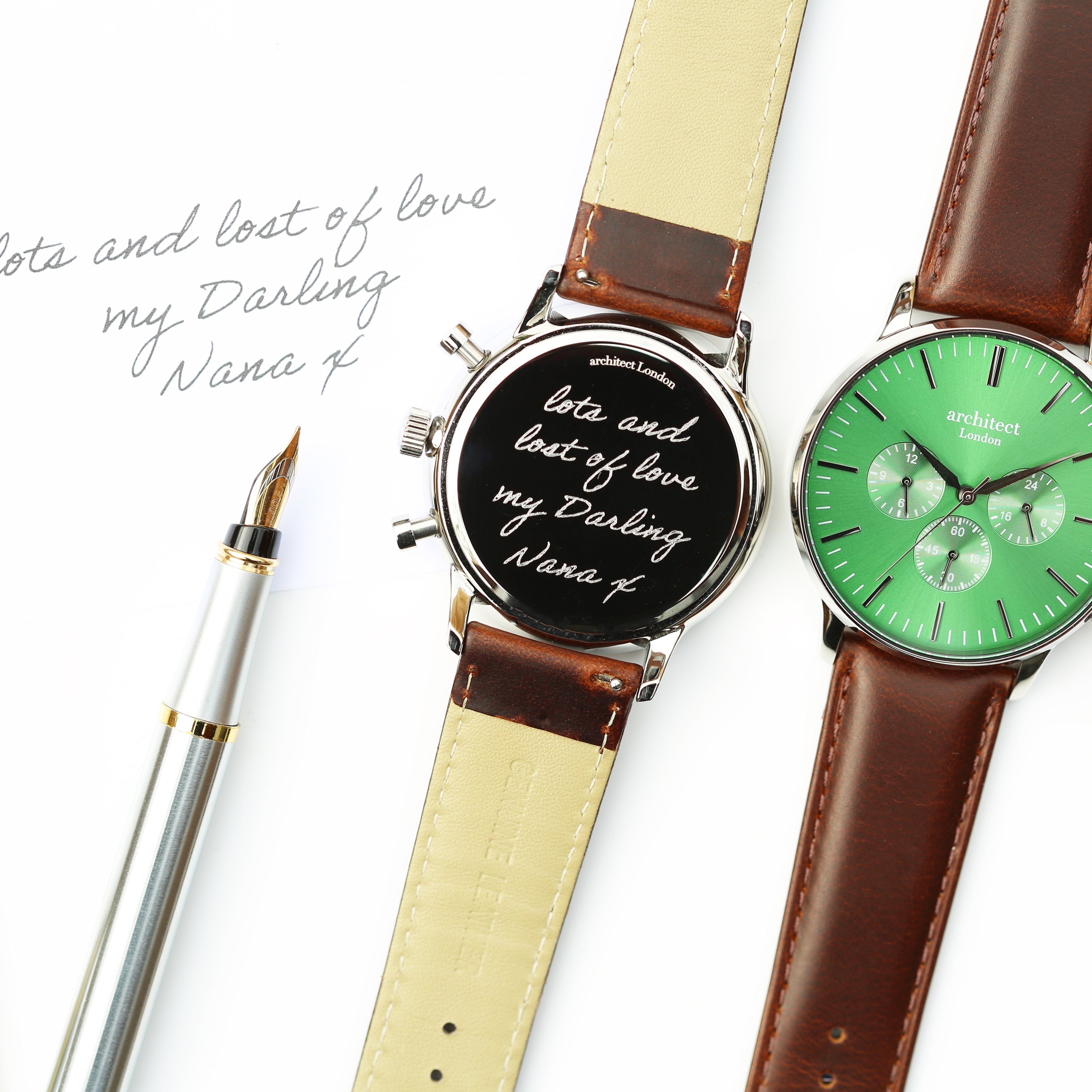 Handwritten Engraving – Men’s Architect Motivator Green Face Walnut Strap – Genuine Leather – Architect Watches