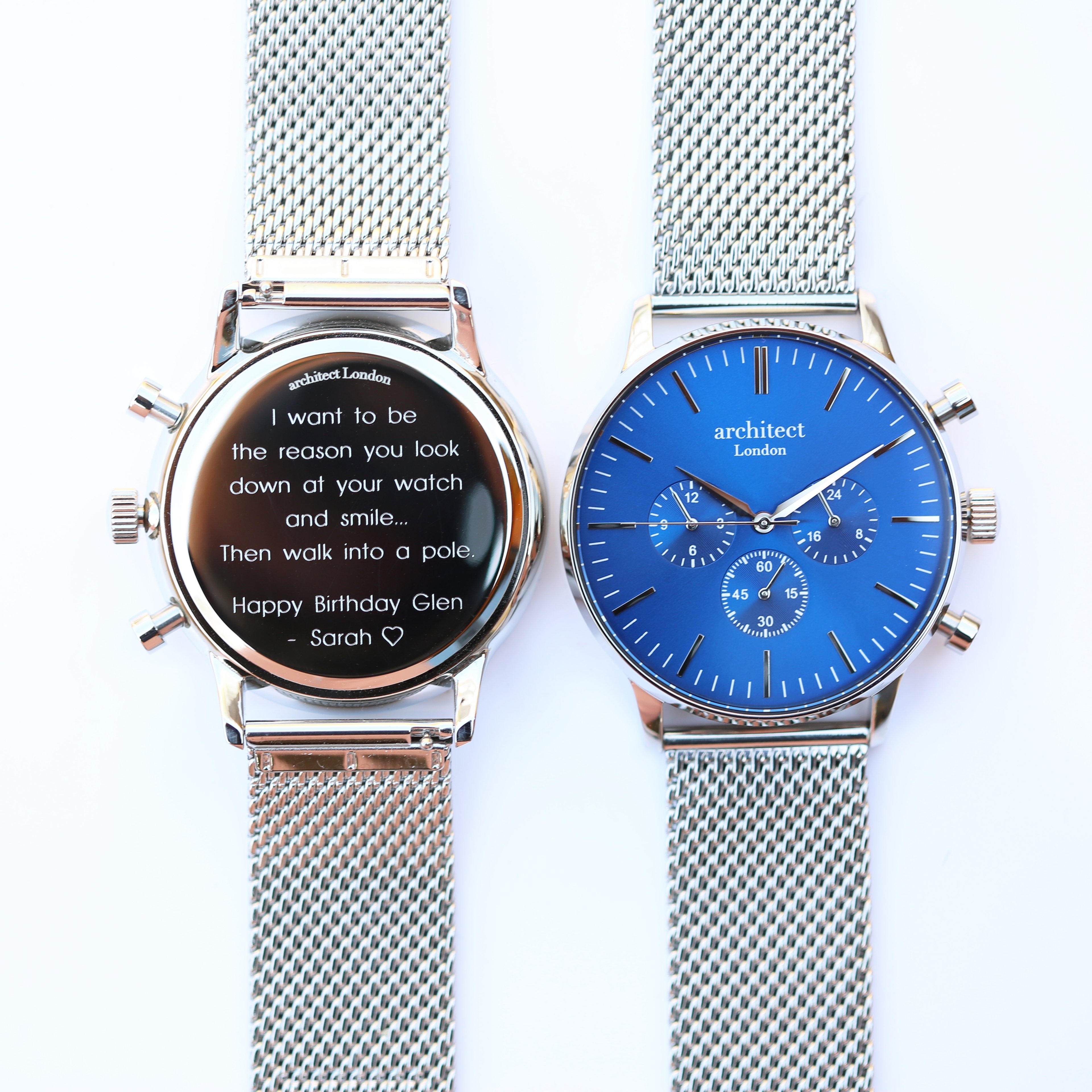 Men’s Architect Motivator In Blue With Silver Mesh Strap – Modern Font Engraving – Milanese Mesh – Architect Watches