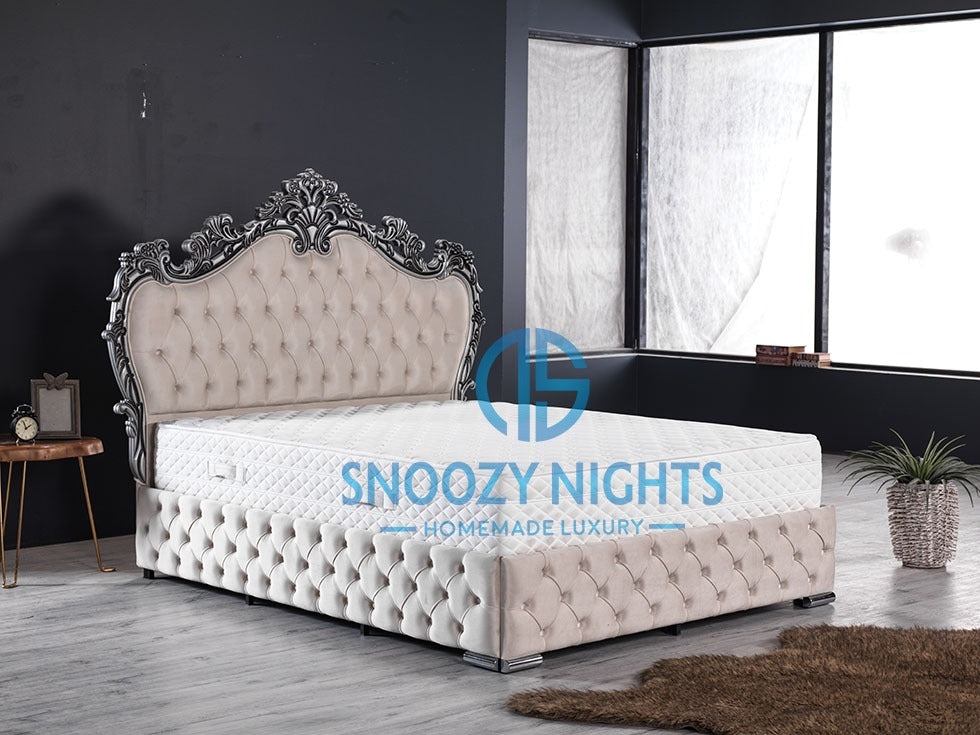 Atlanta Crown Sleigh Metal Bed Frame With French Detailed Finish Available With Ottoman Storage – Snoozy Nights