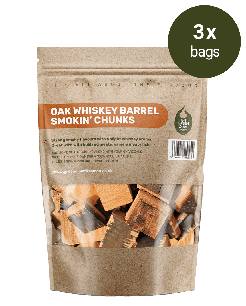 Oak Whiskey Barrel Smokin’ Chunks – Pack of 3 – Smokin’ – Green Olive Firewood