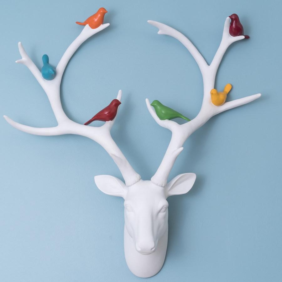 Sculpture White Deer Head with Coloured Birds