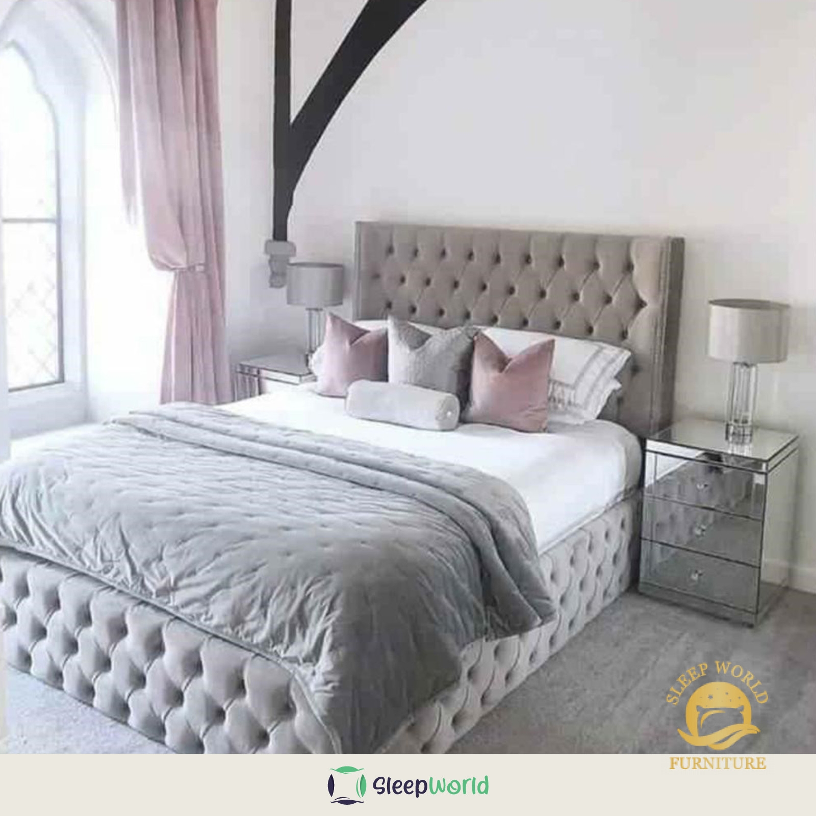 Milano Wing Bed – King – 5FT – Gas Lift Ottoman Base – Optional Mattress – Upholstered – Sleep World Furniture