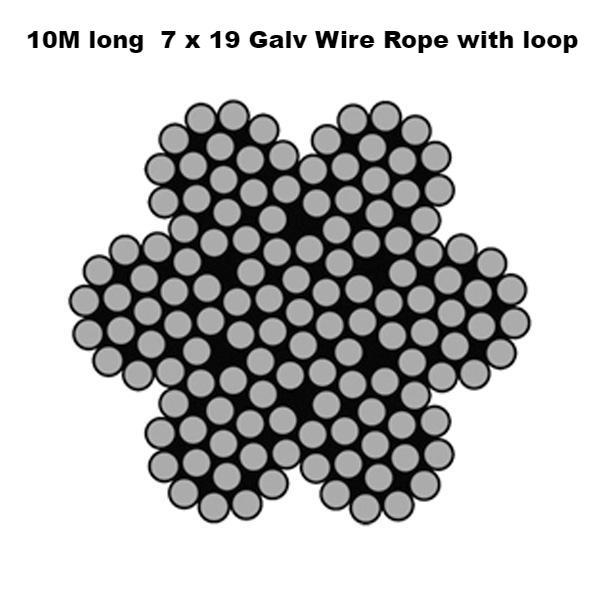 10 M Long  7 X 19 Galvanised Wire Rope With Loop – 3mm X 10M – Wire Rope – Silver – Galvanised Steel