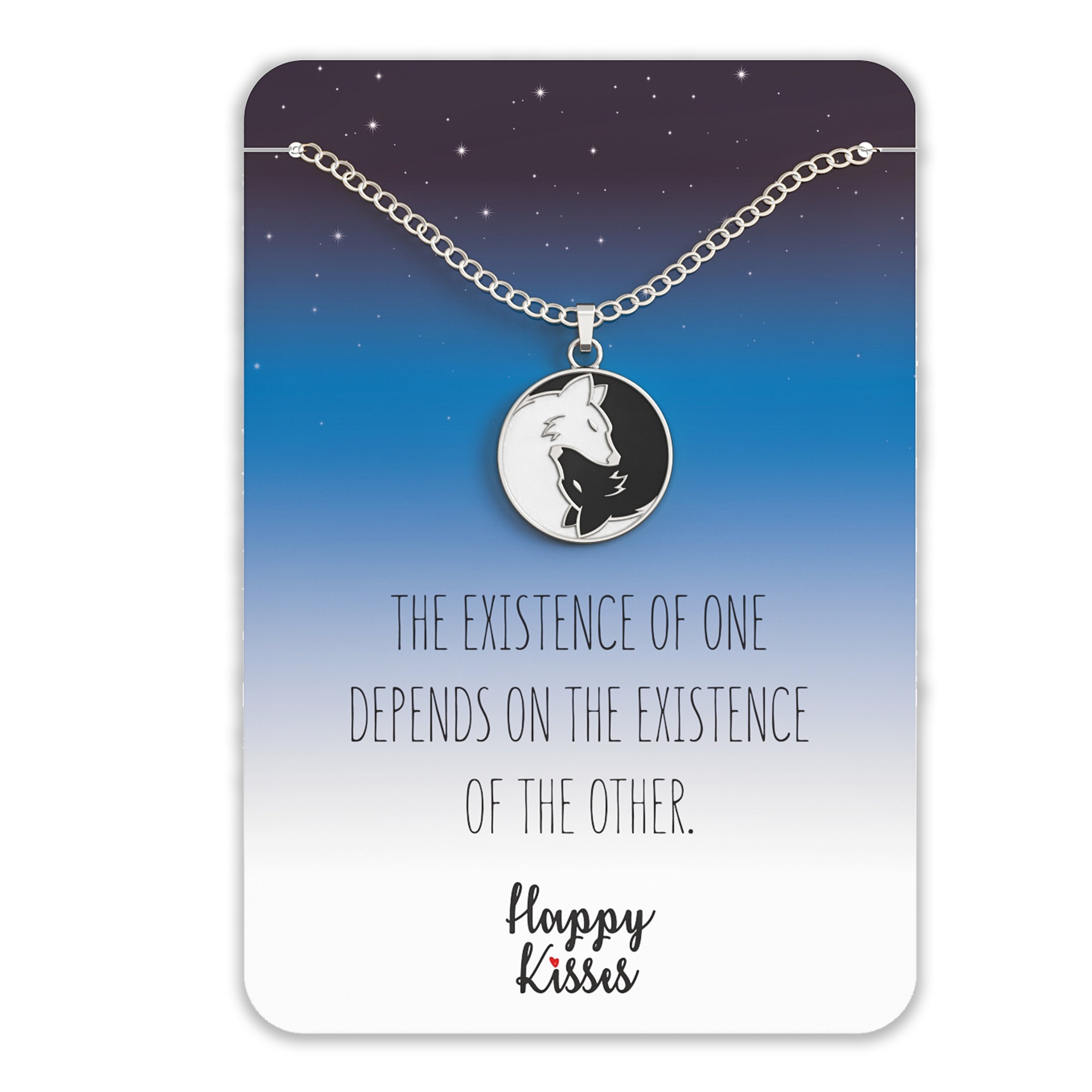 Wolf Ying Yang Necklace – Friendship, Love, & Balance Pendant – Cute Silver Charm With Message Card – Happy Kisses