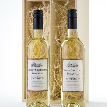A Vintage Wooden Gift Box With Two Bottles Of Pinot Grigio Wine