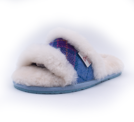 Agatha Harris Tweed Sheepskin Flip Flop Slippers – Small – Denim / Purple Check – Women’s – Bedroom Athletics