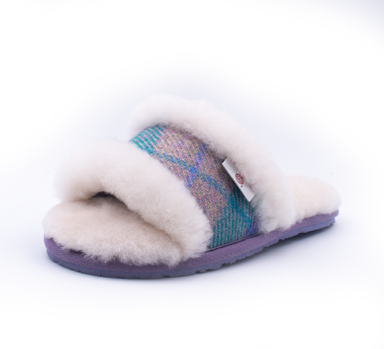Agatha Sheepskin Slipper Slide – Small – Lilac / Blue Check – Women’s – Bedroom Athletics