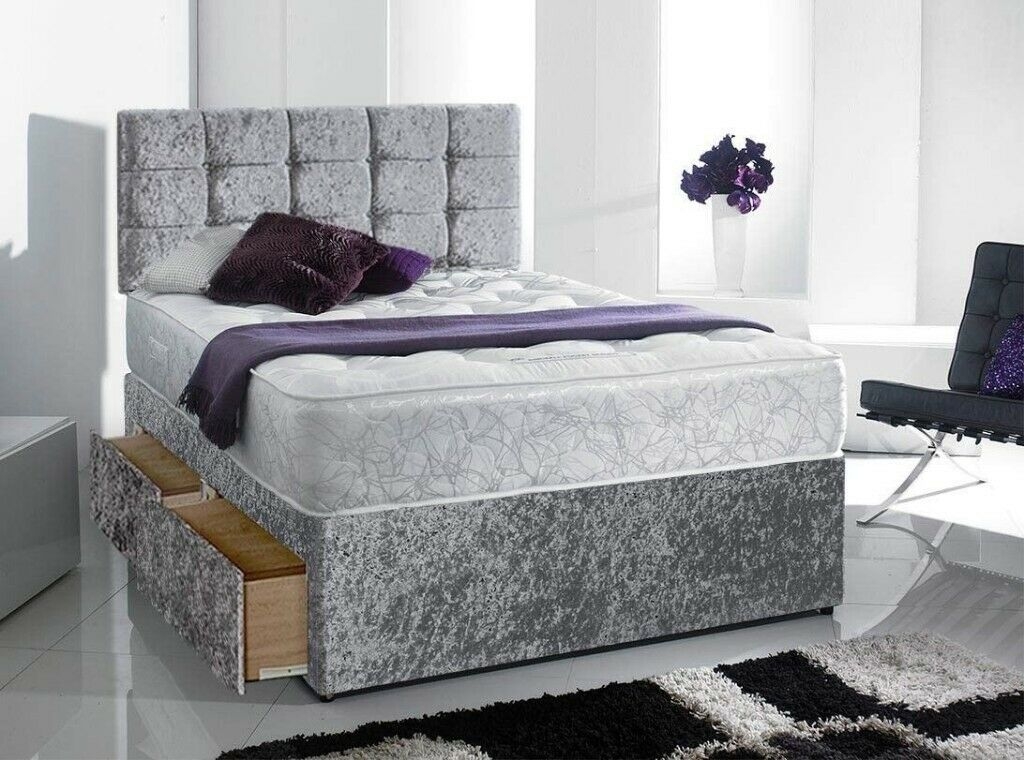 Crushed Velvet Divan Bed – Silver – Single, Small Double, Double, King & Super King Sizes Available – Headboard & Mattress Included