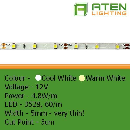 5mm LED Flexible Strip – 12V, 4.8W/m, 3528-LED – 12V Lights – Suitable For Horseboxes, Caravans & Boats – Aten Lighting