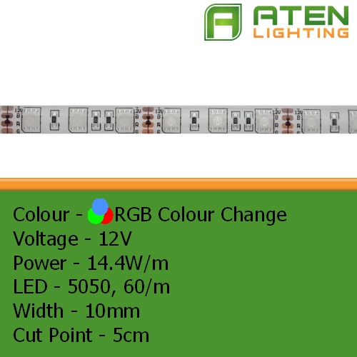 RGB Colour Changing LED Flexible Strip – 5050 Large LED – 12V 14.4W/m – 12V Lights – Suitable For Horseboxes, Caravans & Boats – Aten Lighting