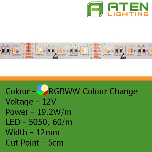 RGBW Colour Changing LED Flexible Strip – 5050 Large LED – 12V 19.2W/m – 12V Lights – Suitable For Horseboxes, Caravans & Boats – Aten Lighting