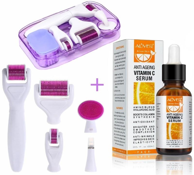 Facial Kit with 6 in 1 Derma Roller Microneedle Set + Aliver Vitamin C Serum for Reducing Wrinkles, Acne, Dark Spots and Rejuvenating Skin – Aliver