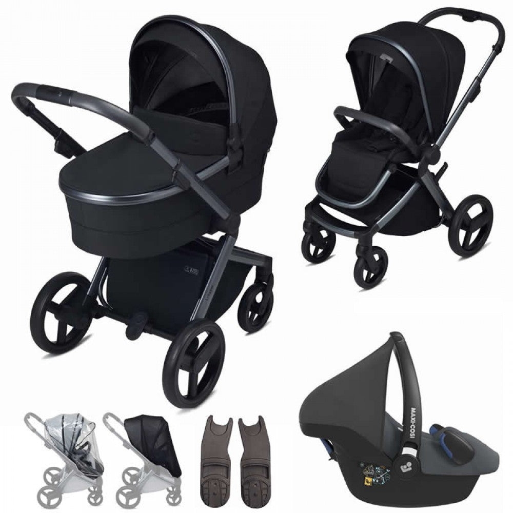 Anex L-Type 3 in 1 Travel System & Maxi Cosi Car Seat- Onyx – lt-13t-MC Fur Hood Trim – Grey – Cabriofix in Black – Maxi Cosi FamilyFix 2 Base (to go