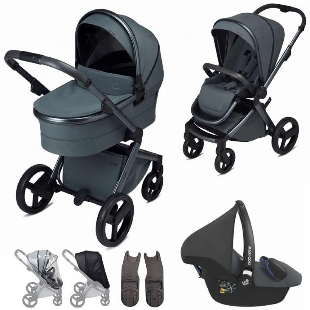 Anex L-Type 3 in 1 Travel System & Maxi Cosi Car Seat- Owl – lt-09t-MC Fur Hood Trim – Grey – Cabriofix in Black – Maxi Cosi FamilyFix 2 Base (to go