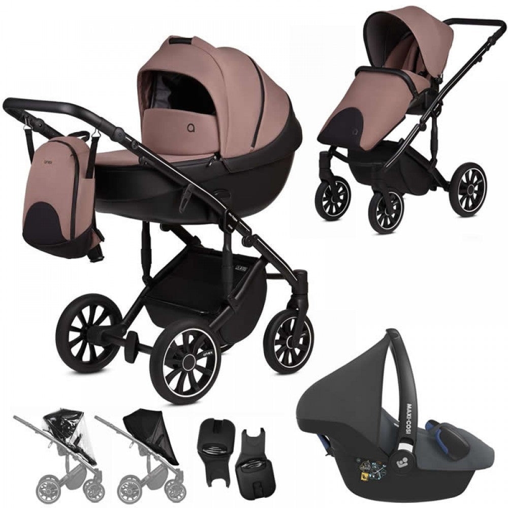 Anex M-Type 3 in 1 Travel System & Maxi Cosi Car Seat- Mocco – Sp26–Q-MC Fur Hood Trim – Brown – Pebble 360 in Essential Graphite – Maxi Cosi