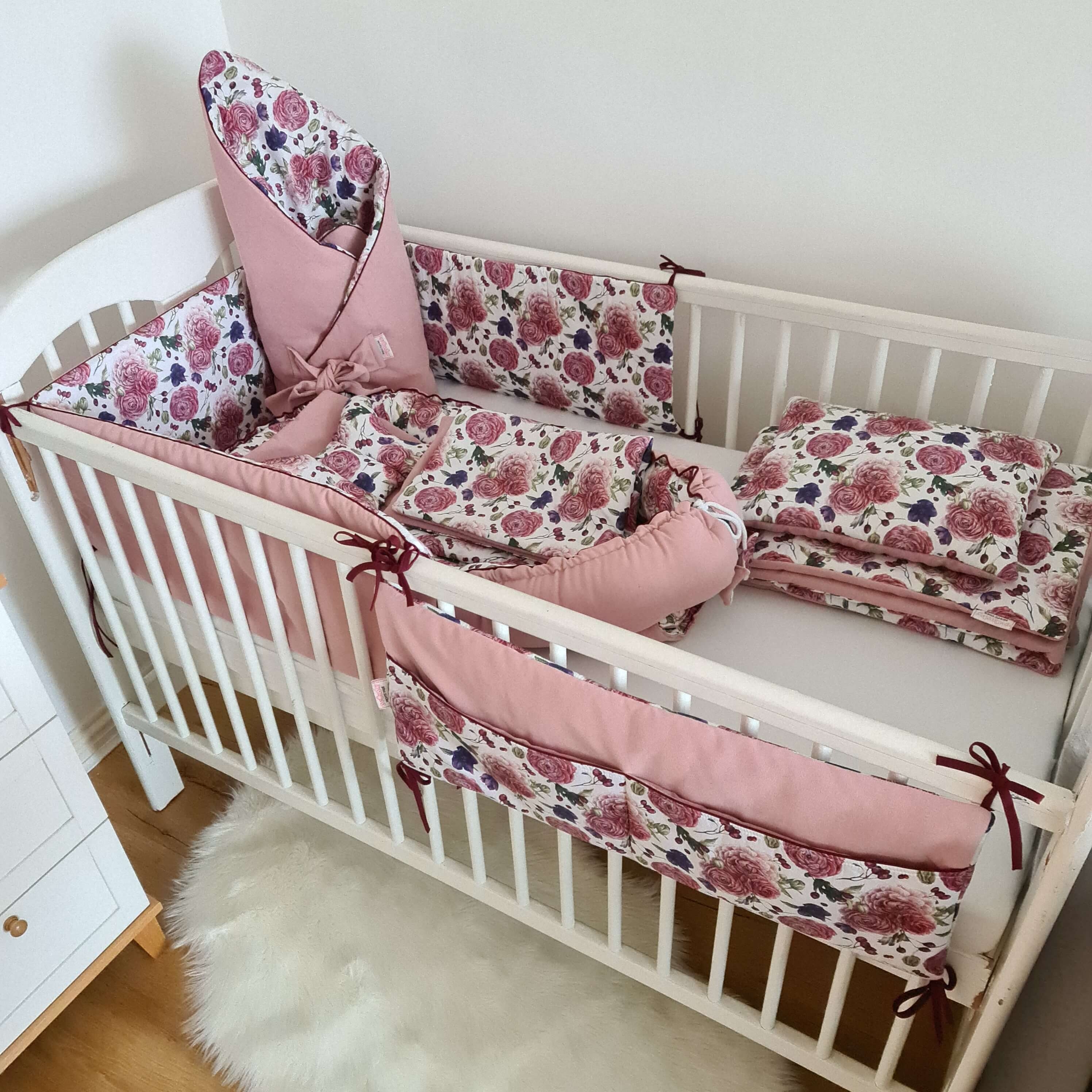 Baby Nest – Organic – Newborn Baby Bundle 10 Pc’S Set Roses – Bundle For Cot Bed Size 140X70 Cm – Cot Bumper 210Cm – evCushy