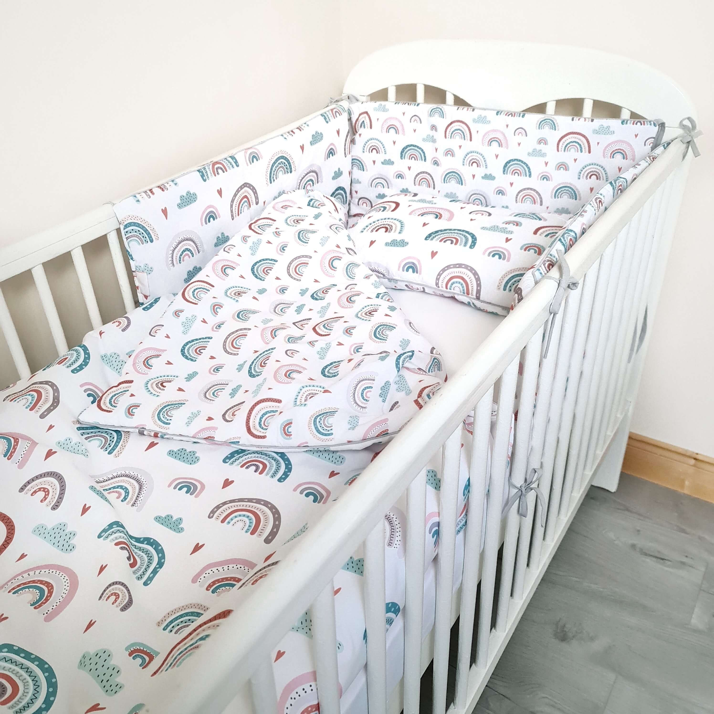 Toddler cot bed kit- 3 pc’s set- duvet & pillow plus cot bed bumper- Colours of the rainbow Rainbows print + smaller rainbows print on reverse