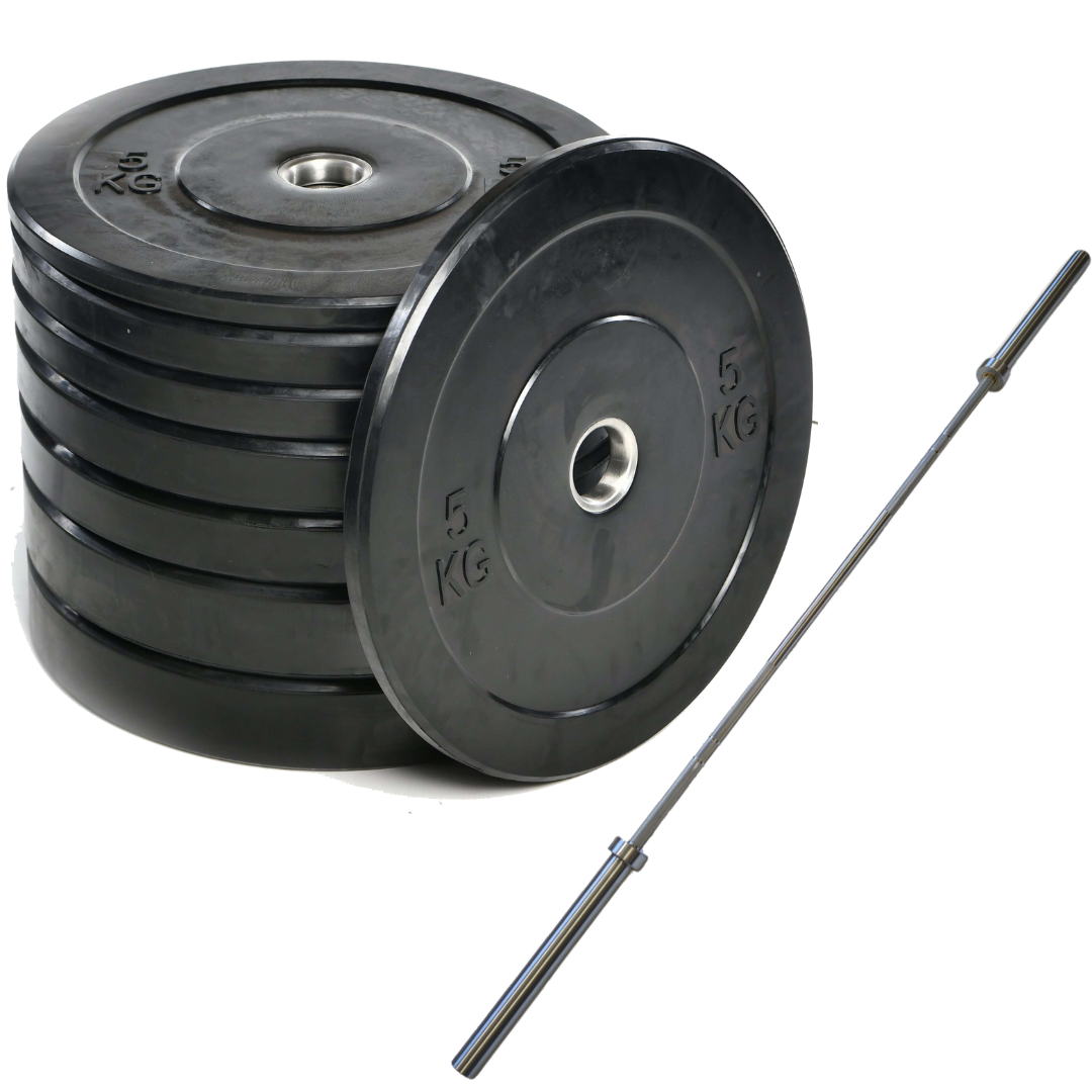 Black Bumper Plates 100kg Set and 20kg Chrome 7ft Bar – SuperStrong Fitness