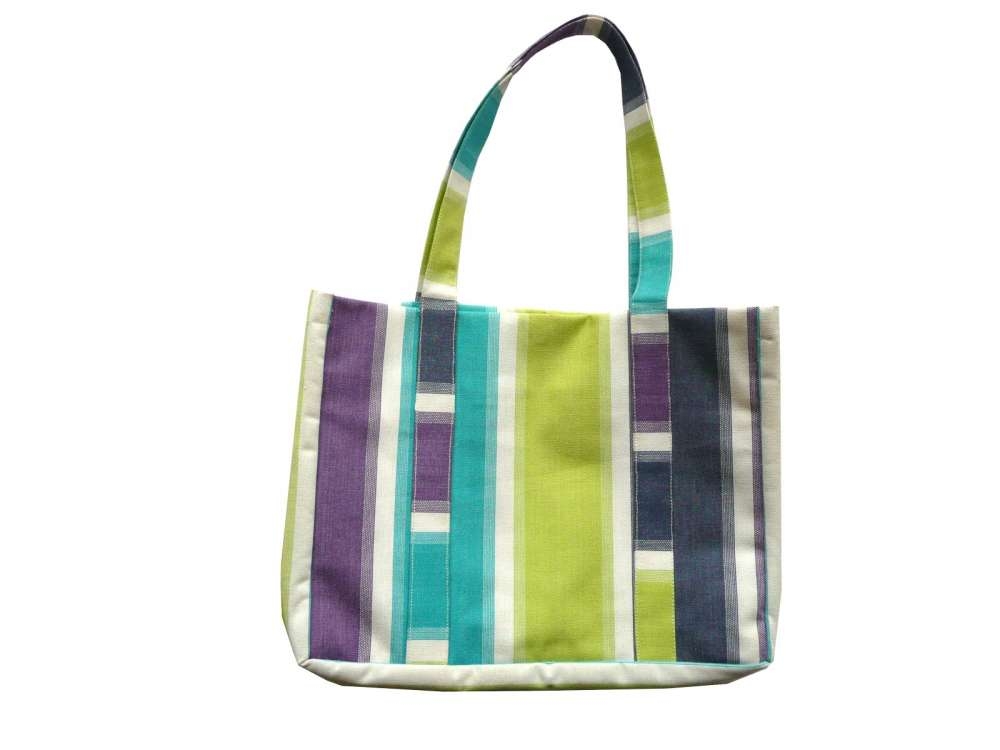 Striped Beach Tote Bag lime green, turquoise, navy and white stripes
