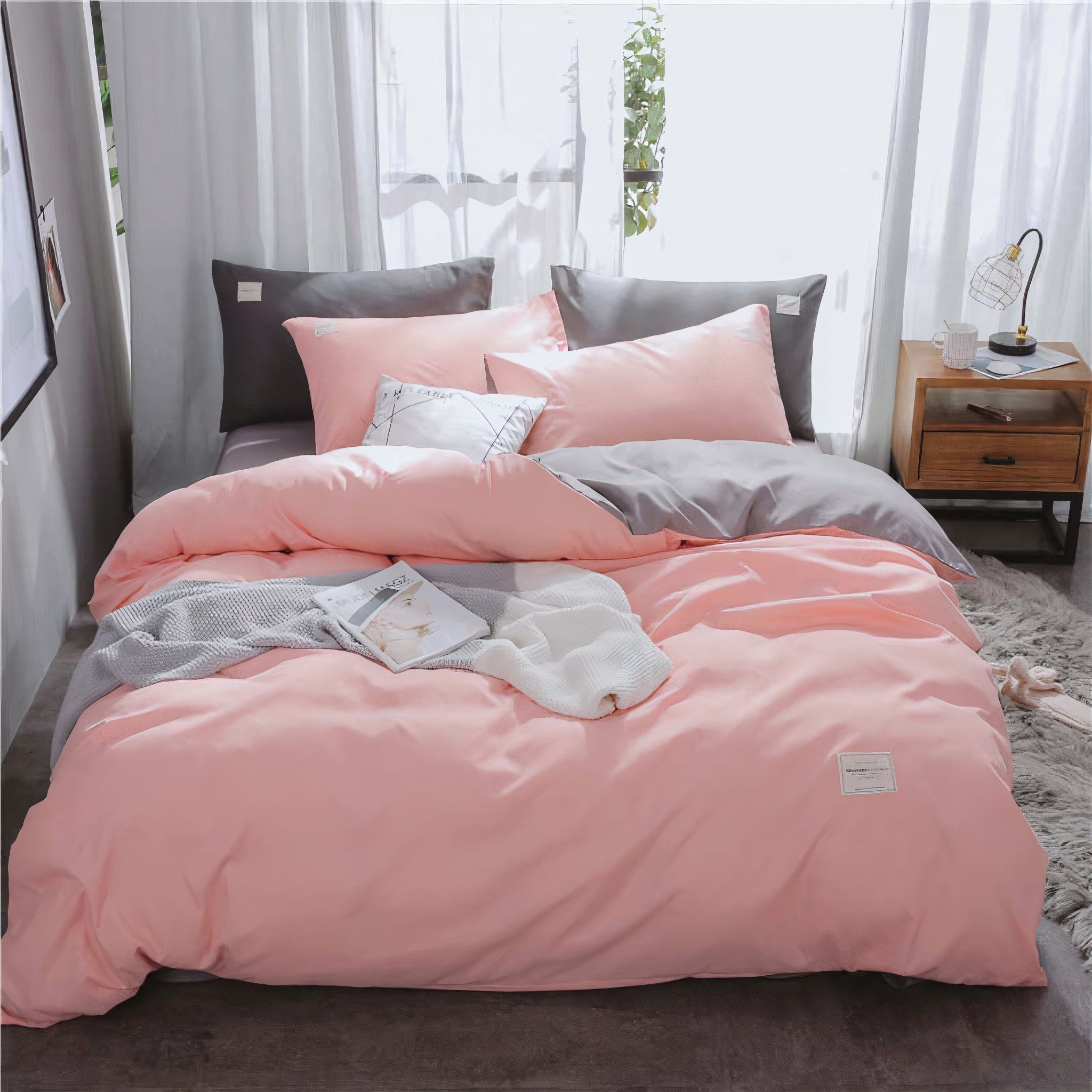 Classic Two-Tone Cotton Bed Linen – Bed Linen Set – 400-thread Count – Blush Pink / Light Grey – Double – The Trouvailles