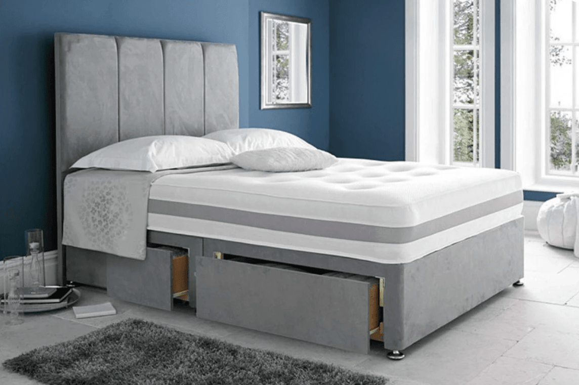 Suede Divan Bed – Royal Grey – Single, Small Double, Double, King & Super King Sizes Available – Headboard & Mattress Included