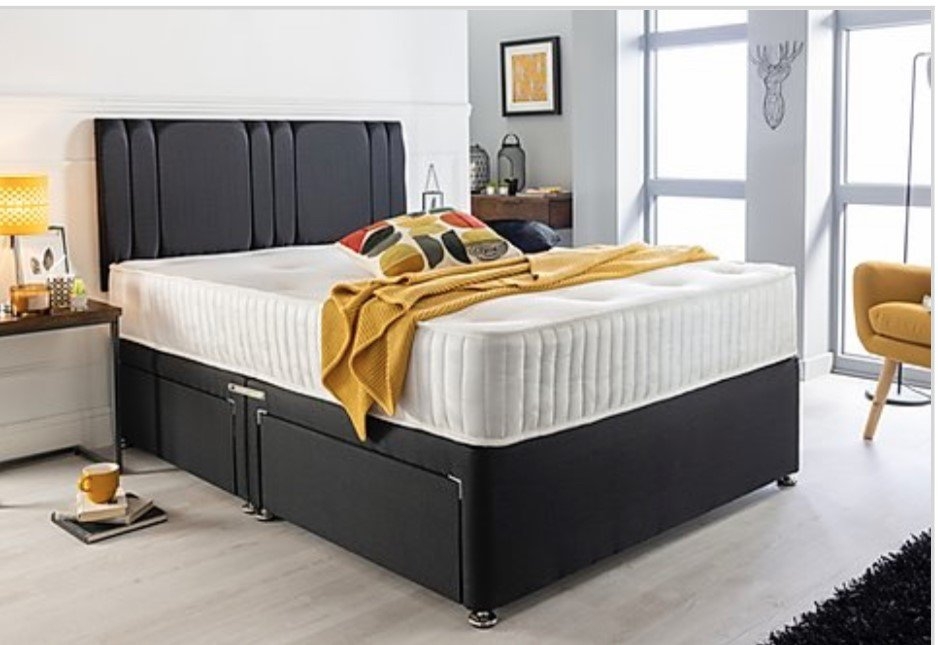 Linen Divan Bed – Black – Single, Small Double, Double, King & Super King Sizes Available – Headboard & Mattress Included