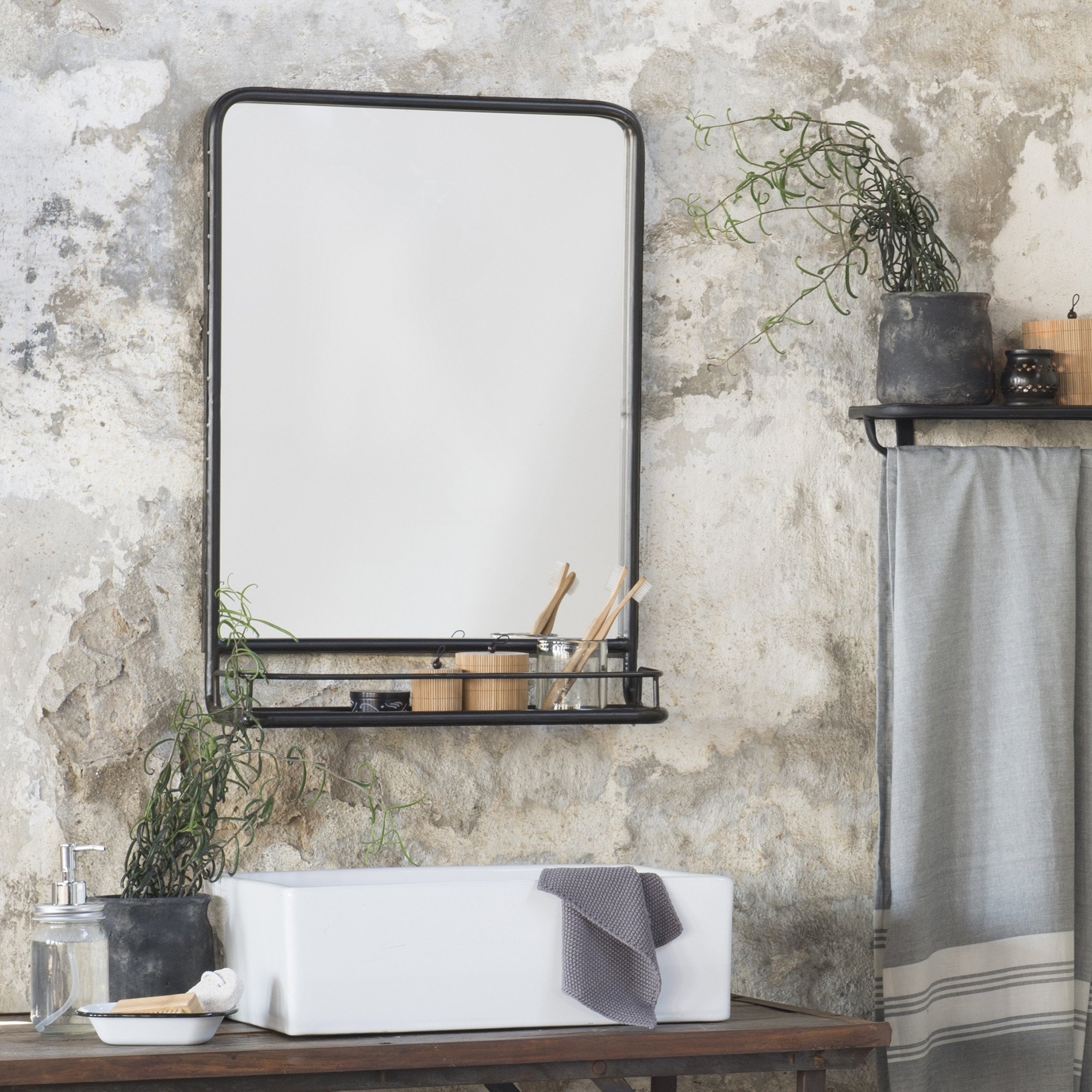 Large Black Distressed Industrial Mirror with Shelf – Ib Laursen
