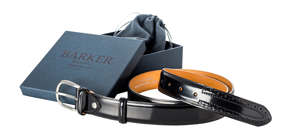 Barker Brogue Belt – Black Hi-Shine / One Size
