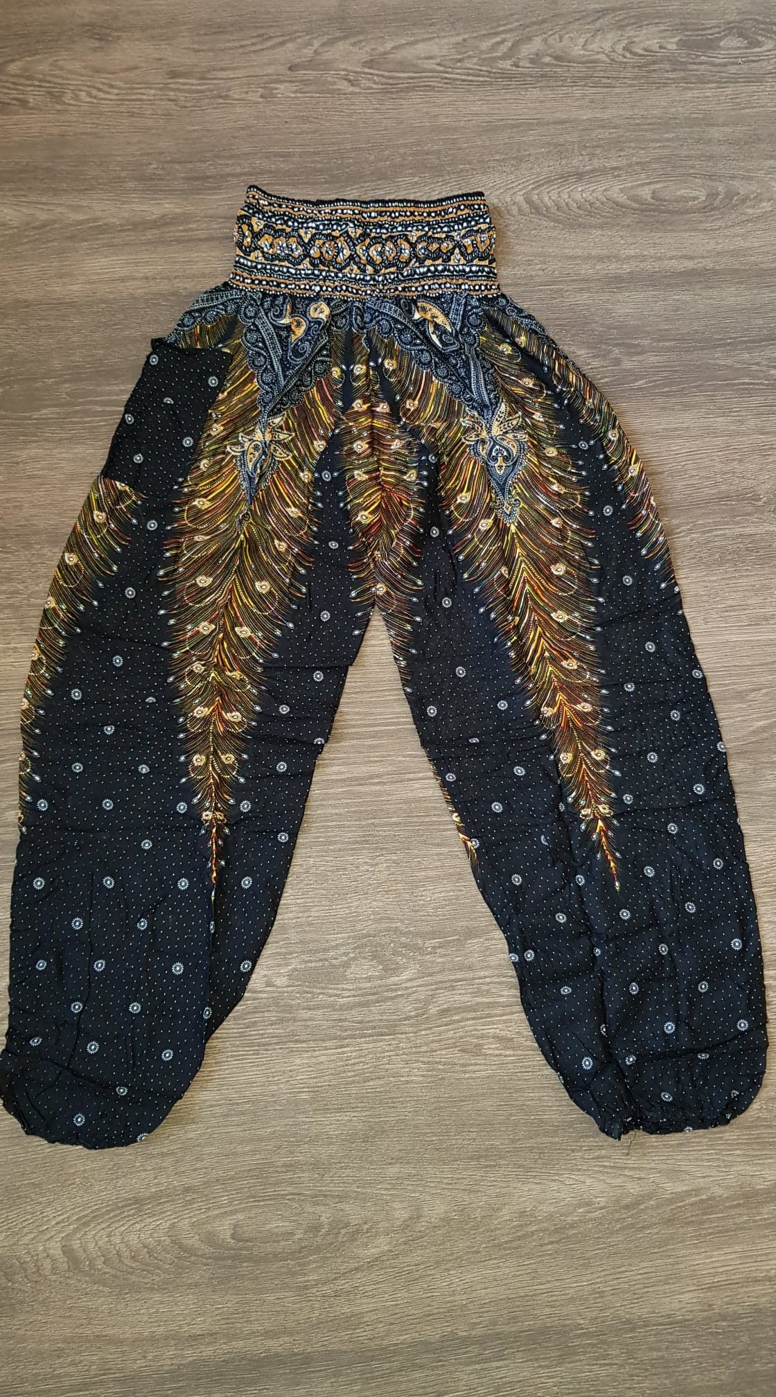 High Cut Harem Pants – Peacock Feather – Black – Medium/Large / Black With Gold Feather – The Karmic Chameleon