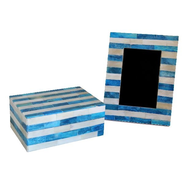 Knobbles & Bobbles – Stripe Box And Frame Set – Blue – Stripe Pattern – Bone Inlay / Wood – 17.5 x 7.5 x 13cm – Variant 23573