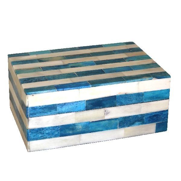 Knobbles & Bobbles – Striped Trinket Box – Blue – Stripe Pattern – Bone Inlay / Wood – 17.5 x 7.5 x 13cm – Variant 7790