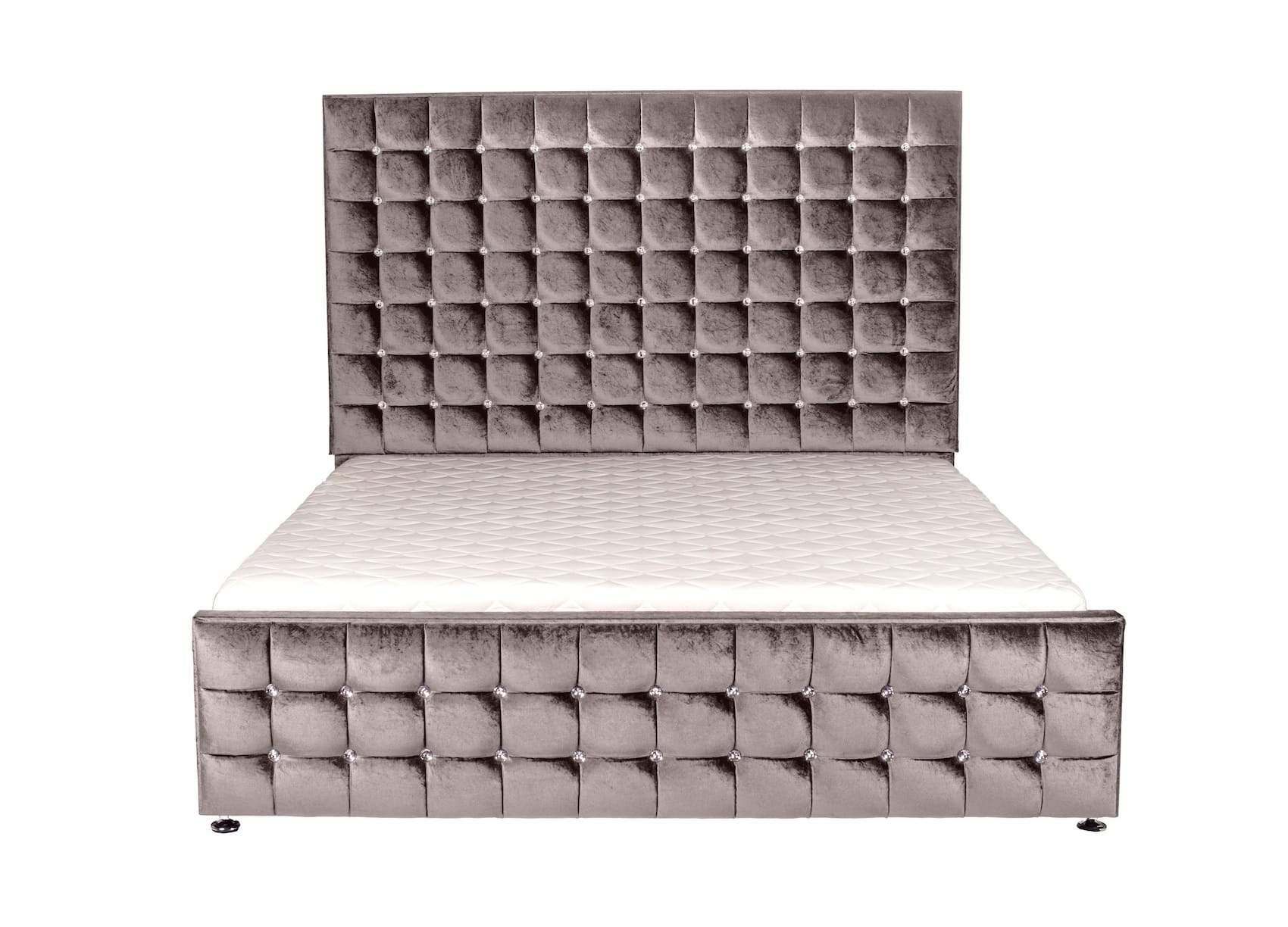 Portabello – Torino Double Bed – Argent Zagros Velvet  Memory Foam Matress – High Quality Velvet – Grey – Tufted – Double 161 X 140 X 208 cm