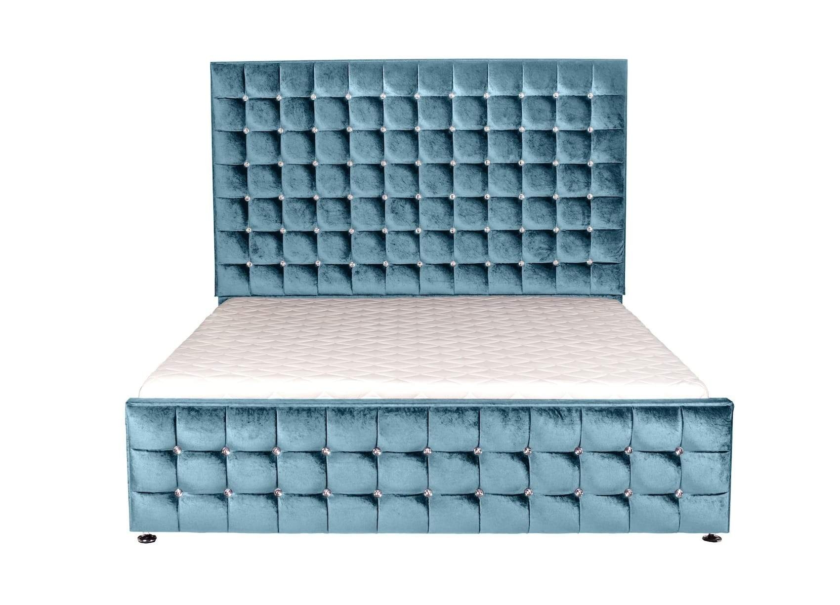 Portabello – Torino Double Bed – Azul Zagros Velvet Frame & Headboard – High Quality Velvet – Blue – Tufted – Double 161 X 140 X 208 cm