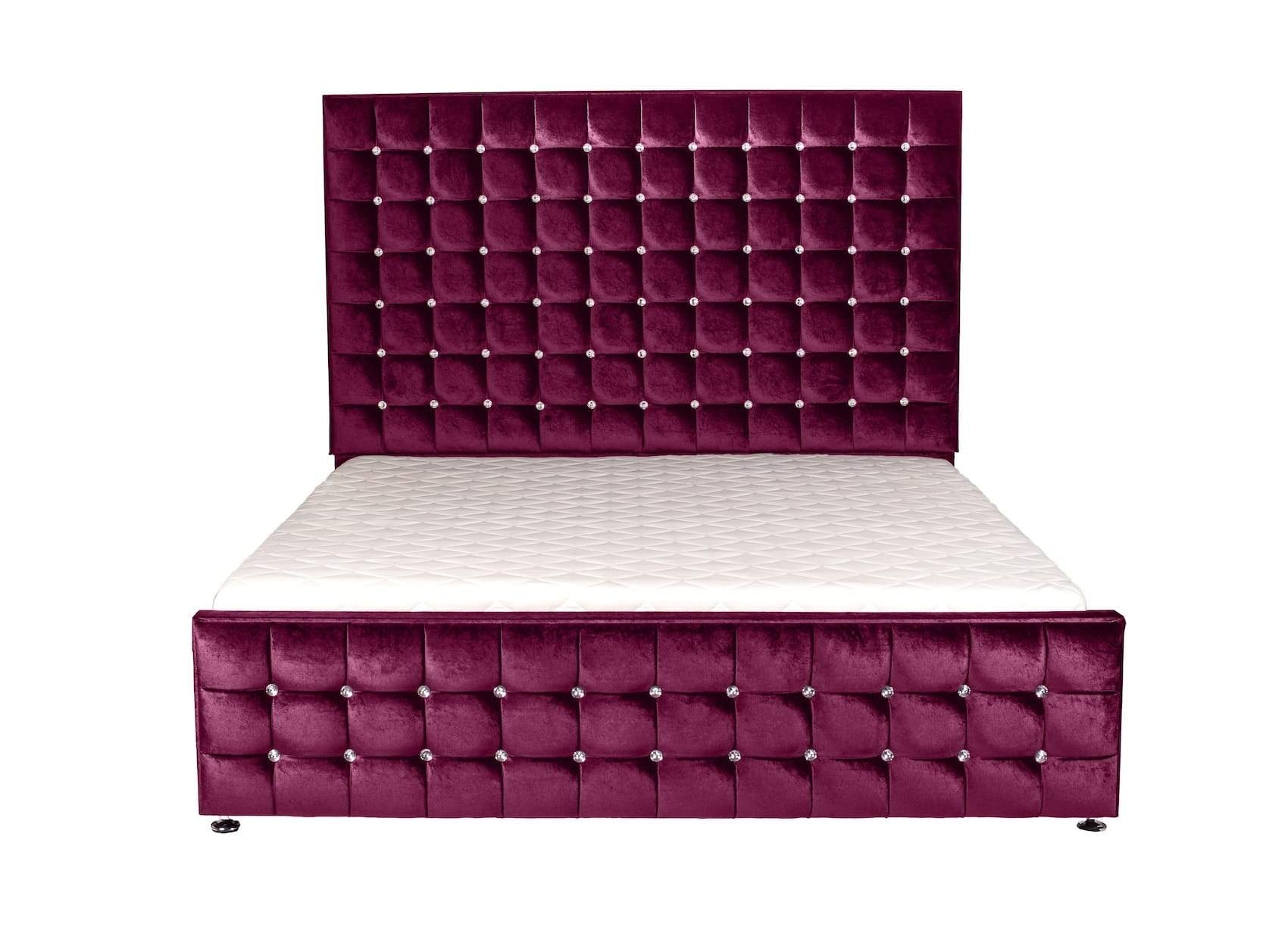 Portabello – Torino Double Bed – Plum Zagros Velvet  Sprung Matress – High Quality Velvet – Red – Tufted – Double 161 X 140 X 208 cm