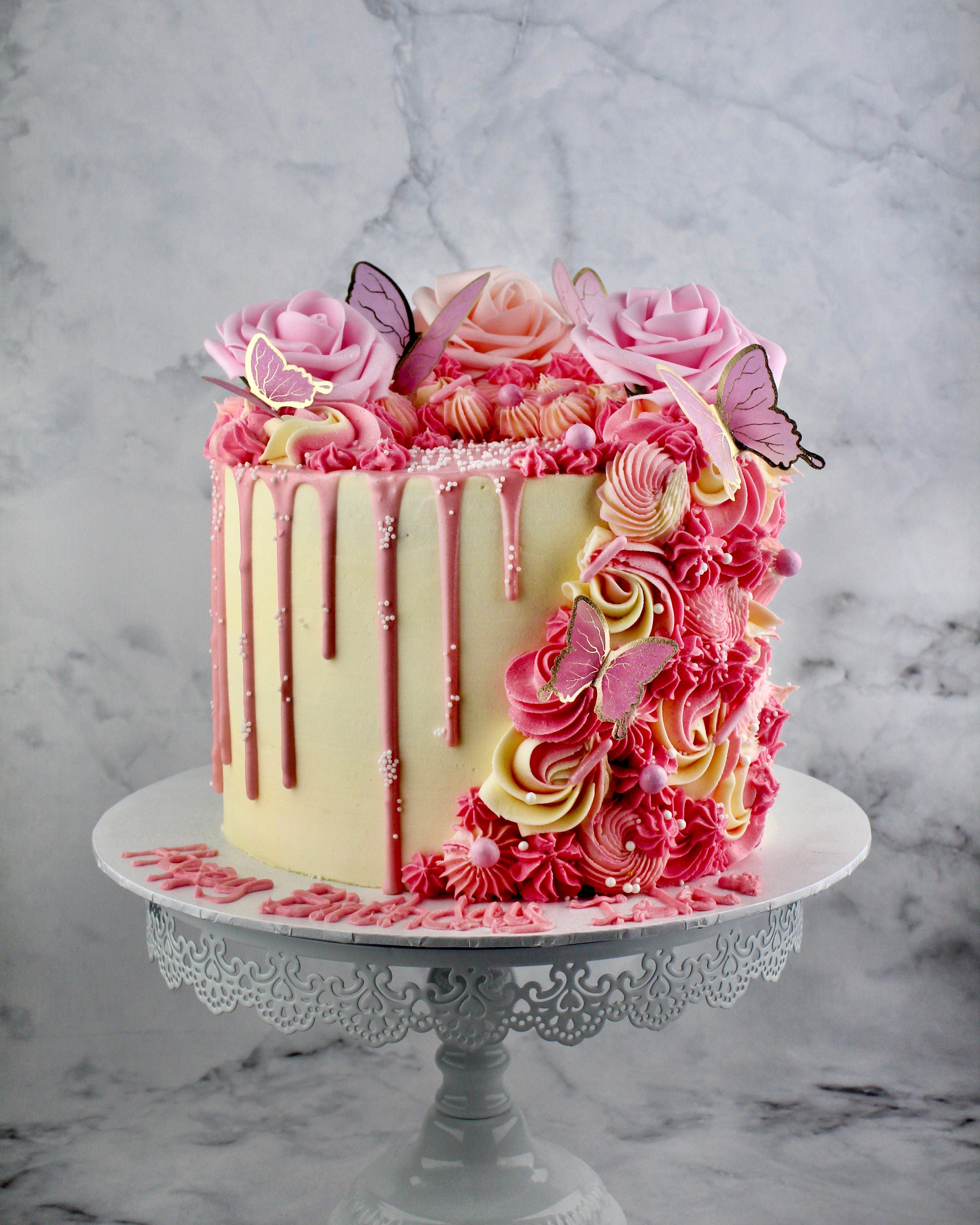 Build Your Own Gluten Free Cake, Medium Tiered (serves 28-32) (+£75) / No / Butterflies + Faux Flowers (+£12) – Amy’s Bakehouse