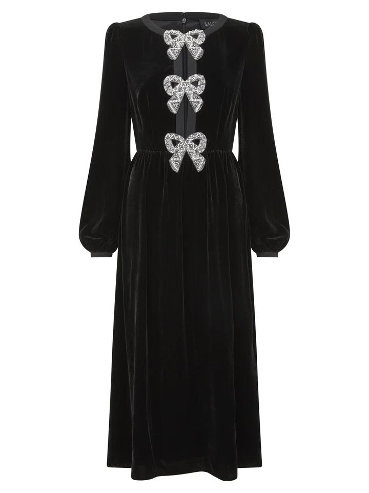 Camille Velvet Embellished Bows Dress – Black / UK 14