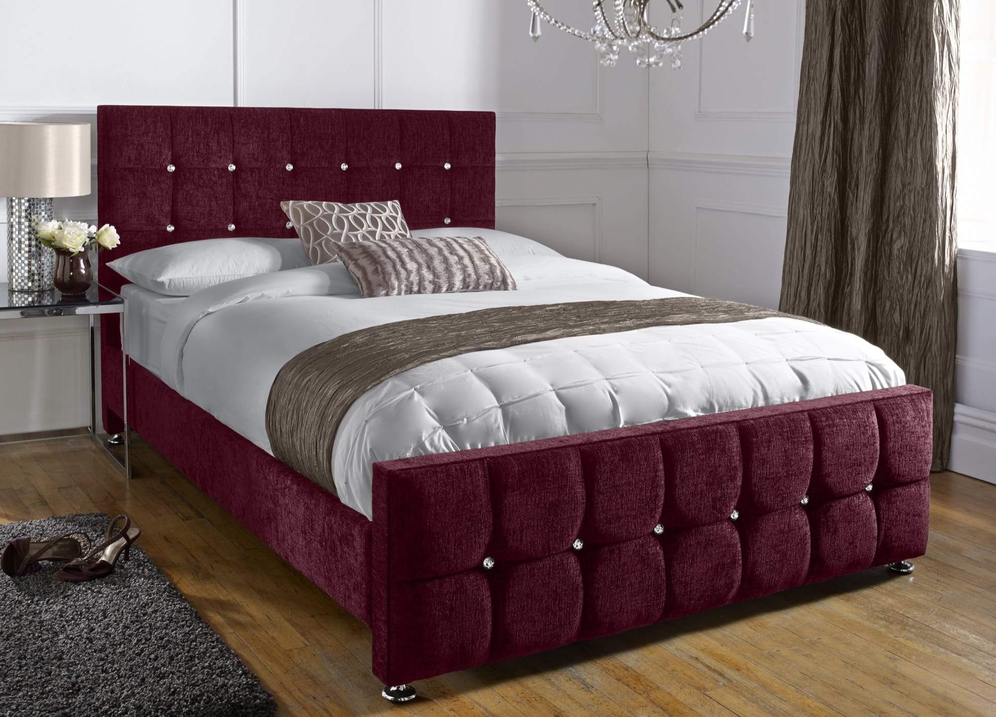 Portabello – Barcelona King Bed – Aubergine House Chenille  Memory Foam Matress – High Quality Chenille – Red – Tufted – King 112 X 156 X 216 cm