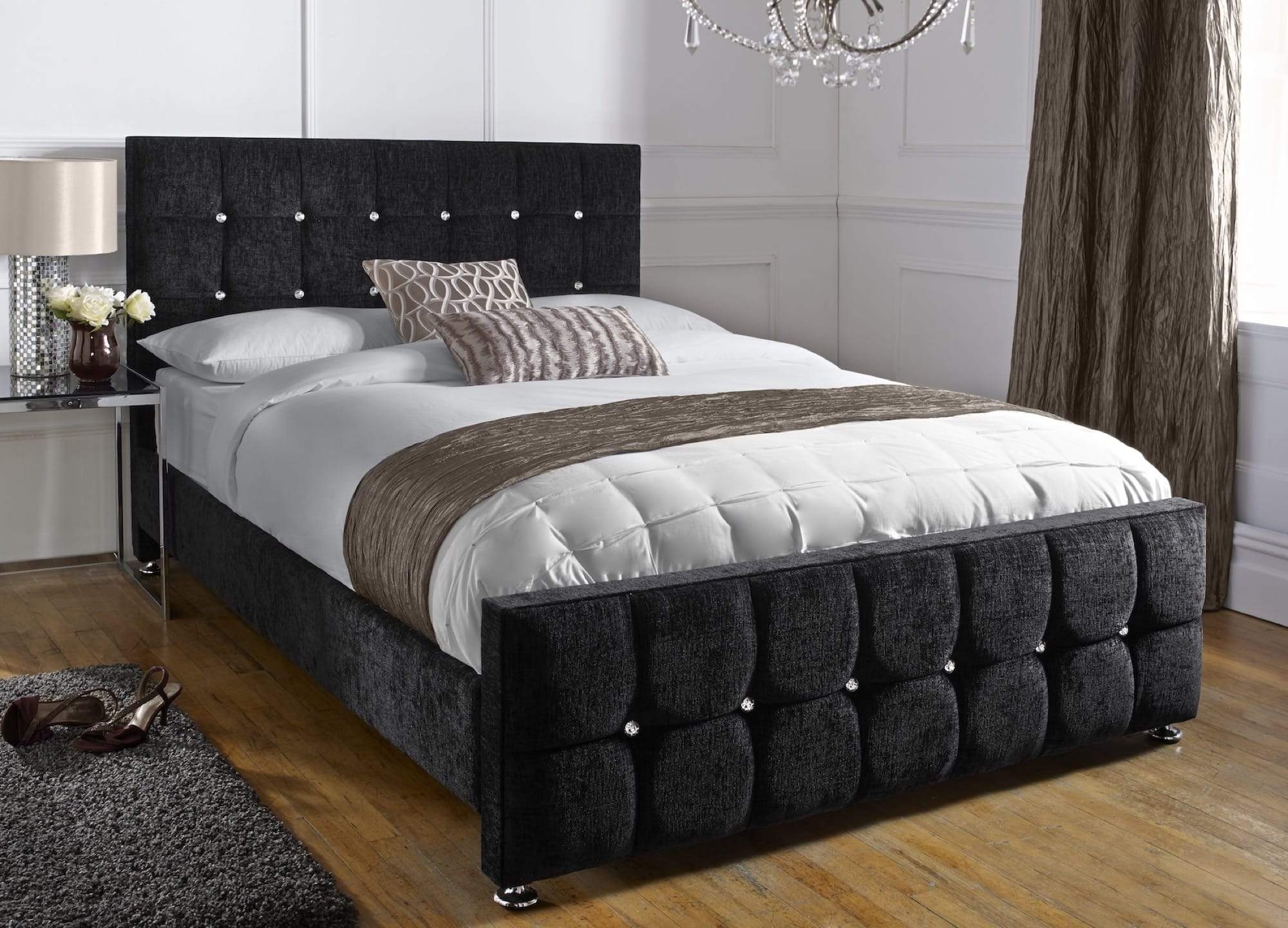 Portabello – Barcelona Single Bed – Black House Chenille Frame & Headboard – High Quality Chenille – Black – Tufted – Single 112 X 92 X 208 cm