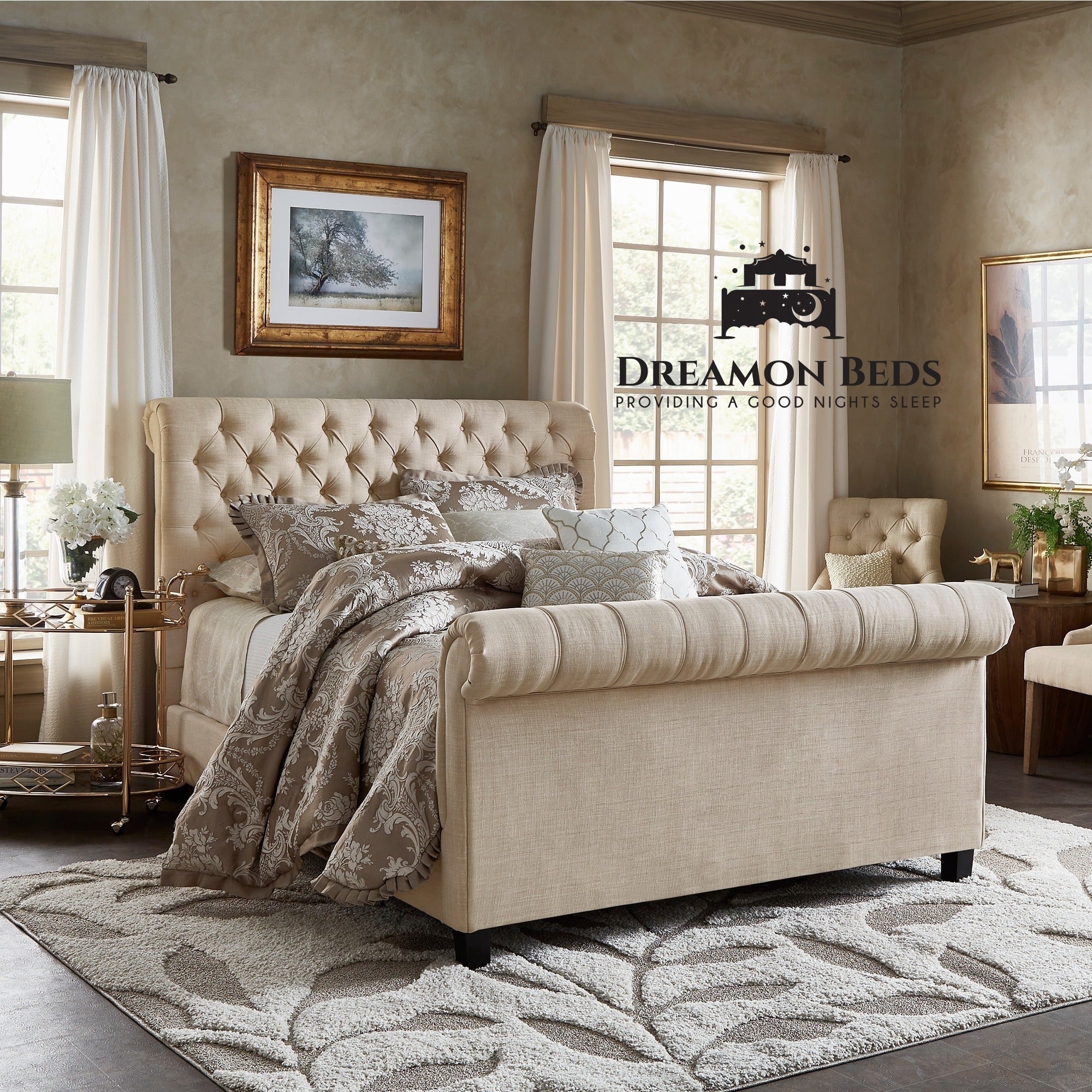 Emperor Luxury Scroll Bed Frame – Endless Customisation – Choice Of 25 Colours & Materials – Dreamon Beds