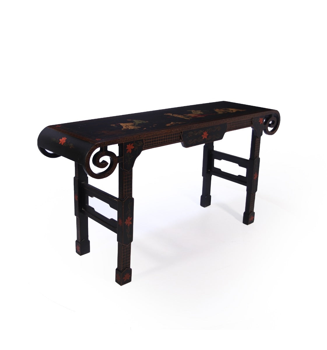 Chinese Black Lacquered Console Table Chinoiserie scrolls alter