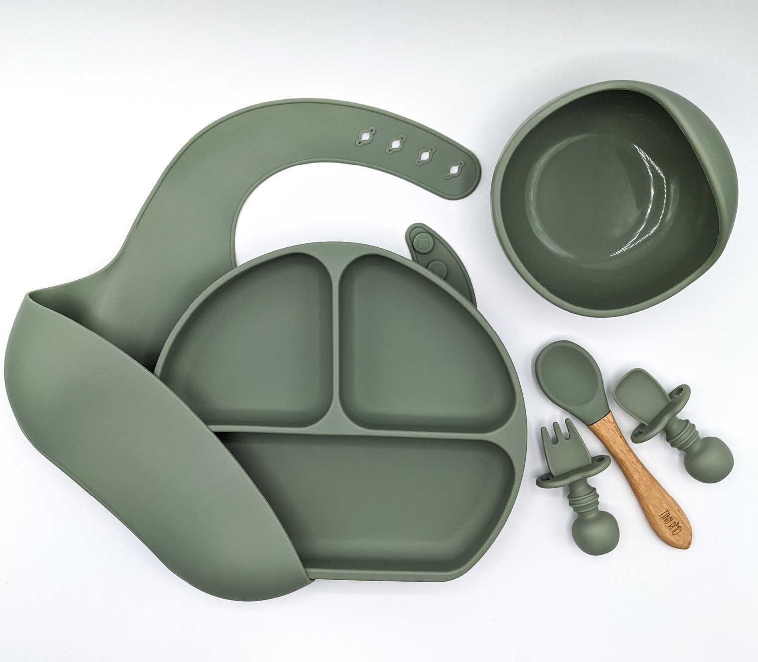Complete Weaning Kit – Bib, Suction Plate, Bowl, Bamboo Spoon & Cutlery Set Desert Sage – Children’s Silicone Tableware – Tiny Roo