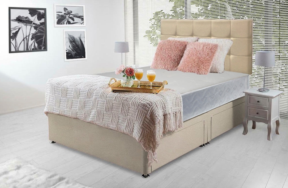 Cream Chanille Divan Bed Set With Cube Headboard And Free Orthopedic Mattress – Furnishop
