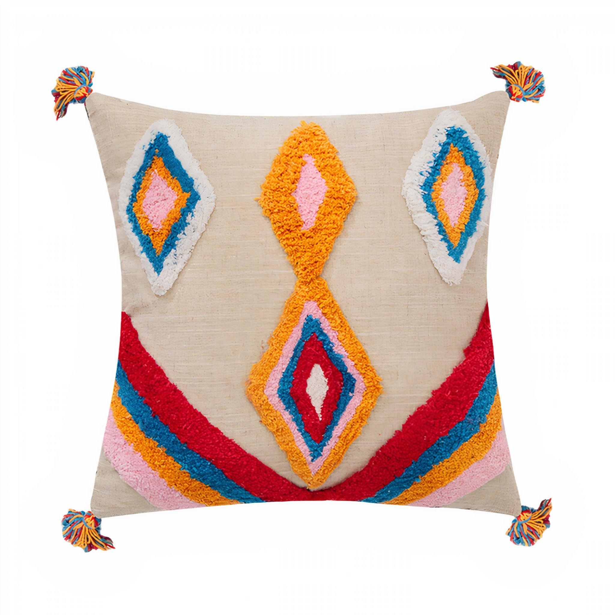 Vibrant Boho Cushion Covers – Diamonds – Bohemian Style – Beige / Cream / Multi – Cotton – The Trouvailles