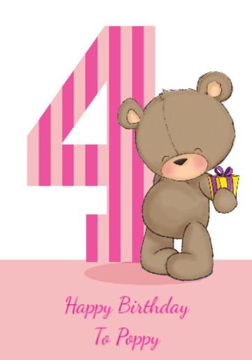 Cute Cartoon Bear Striped Pink 4th Birthday Card
