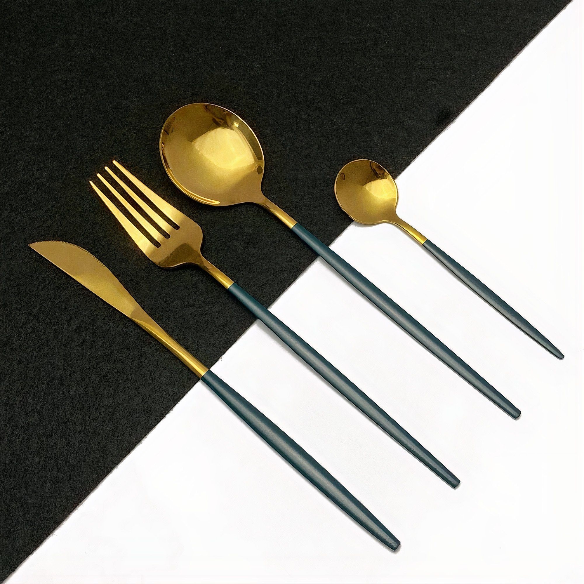 Luxe 24-Piece Two-Tone Cutlery Collection – Green / Gold – Metal – The Trouvailles
